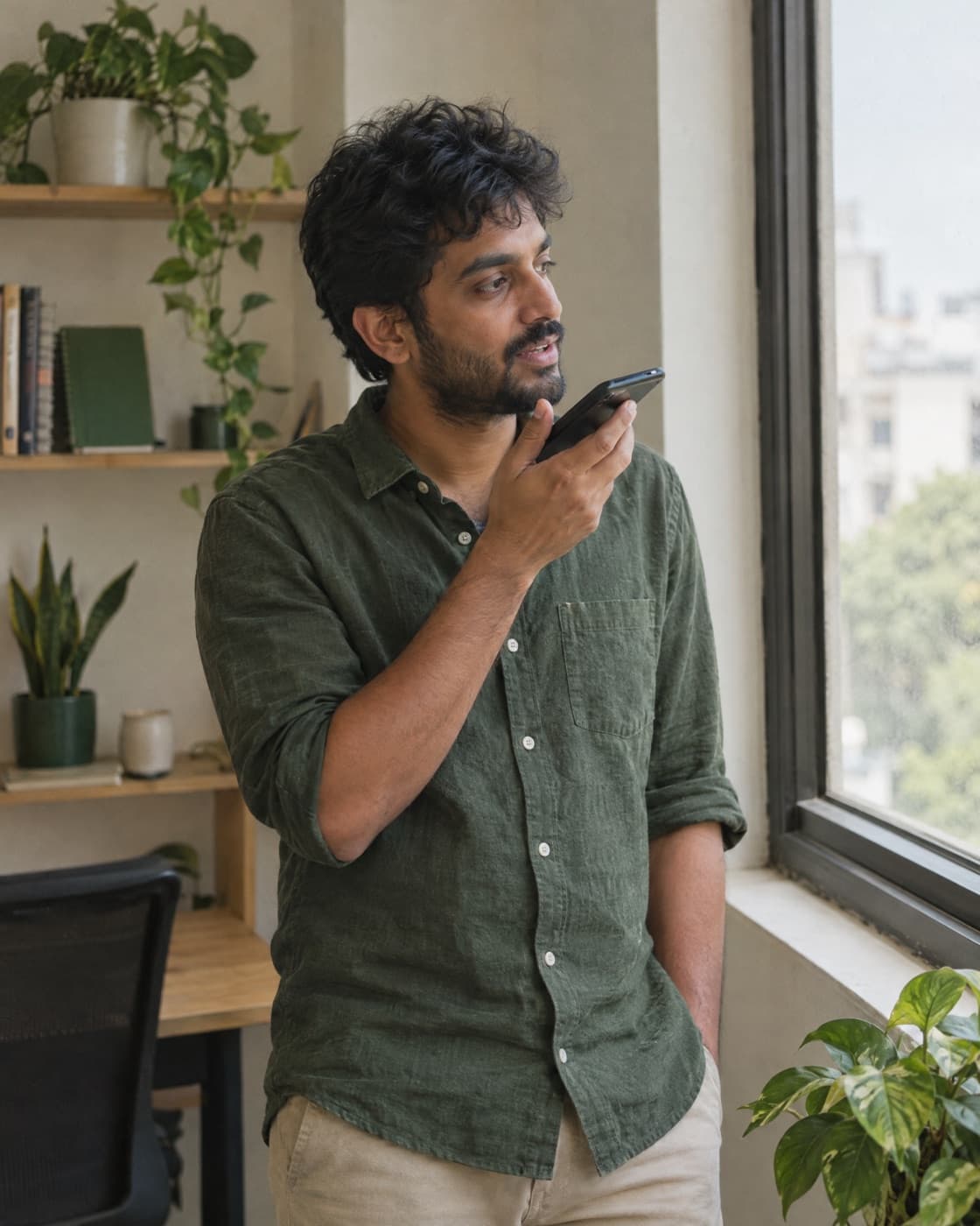 A developer saying an invoice into his phone by a window